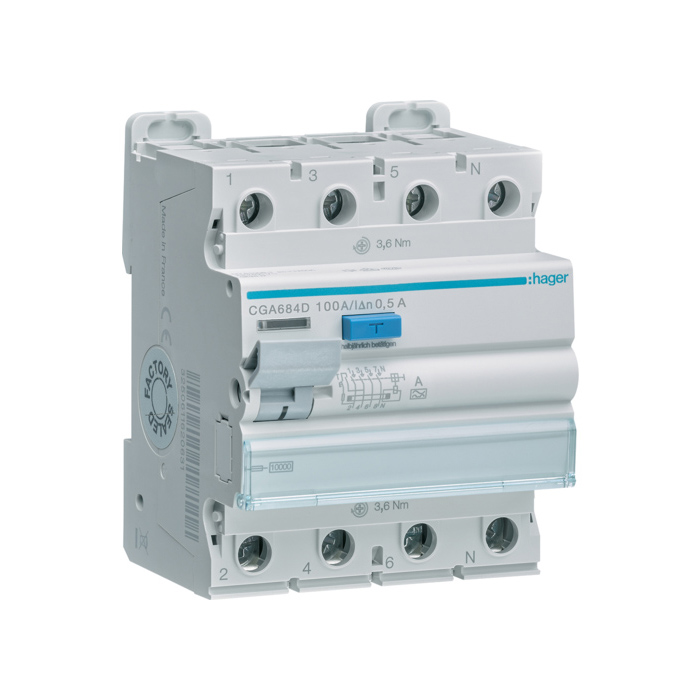 Zaštitni prekidač (FID sklopka), 4-polan, In=100A, IΔn=500mA, 10 kA